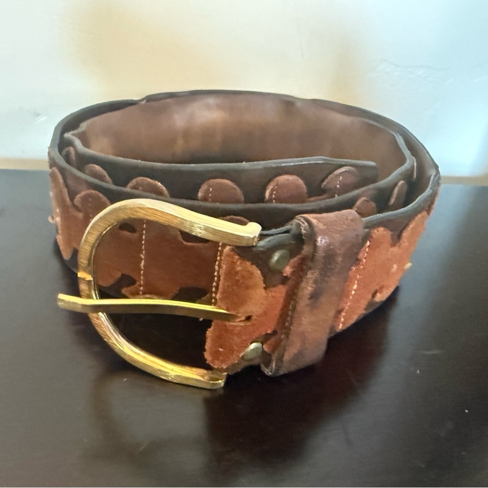 VTG CANTERBURY Brown Leather w/ Suede Crafted Brass Buckle Men's Belt 38" ~43"L